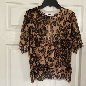 DKNY Leopard Print Short Sleeve Top in Brown and Black